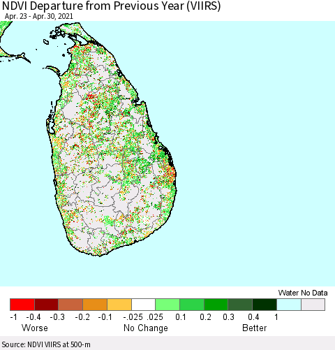 Sri Lanka NDVI Departure from Previous Year (VIIRS) Thematic Map For 4/23/2021 - 4/30/2021