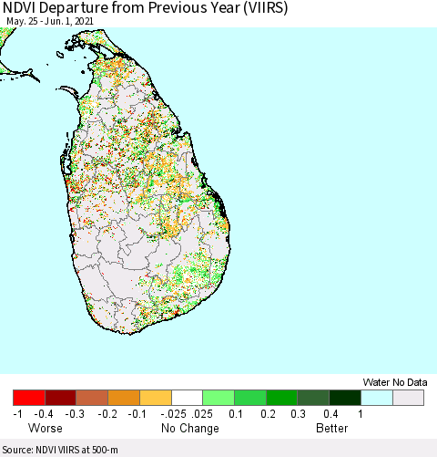 Sri Lanka NDVI Departure from Previous Year (VIIRS) Thematic Map For 5/25/2021 - 6/1/2021