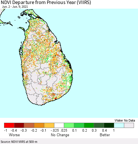 Sri Lanka NDVI Departure from Previous Year (VIIRS) Thematic Map For 6/2/2021 - 6/9/2021