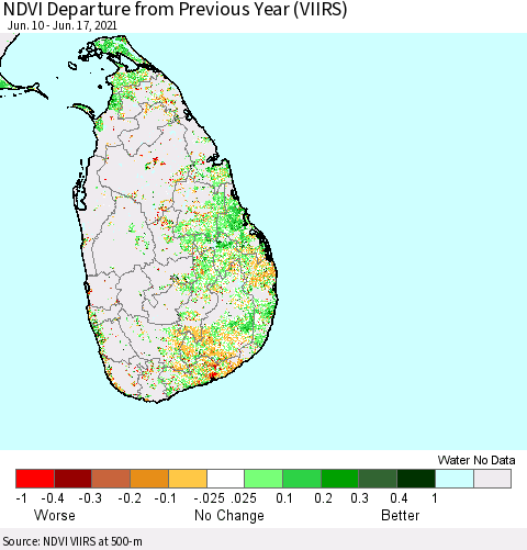 Sri Lanka NDVI Departure from Previous Year (VIIRS) Thematic Map For 6/10/2021 - 6/17/2021