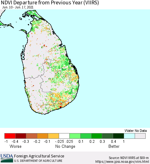 Sri Lanka NDVI Departure from Previous Year (VIIRS) Thematic Map For 6/11/2021 - 6/20/2021