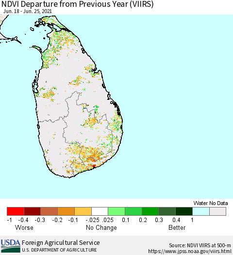 Sri Lanka NDVI Departure from Previous Year (VIIRS) Thematic Map For 6/21/2021 - 6/30/2021