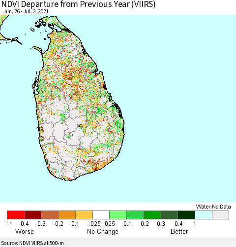 Sri Lanka NDVI Departure from Previous Year (VIIRS) Thematic Map For 6/26/2021 - 7/3/2021