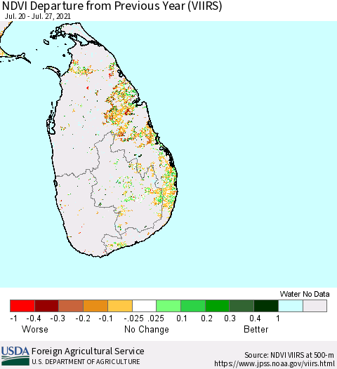 Sri Lanka NDVI Departure from Previous Year (VIIRS) Thematic Map For 7/21/2021 - 7/31/2021