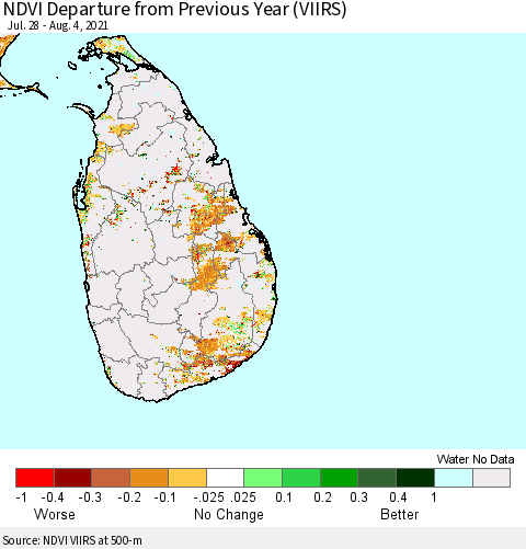 Sri Lanka NDVI Departure from Previous Year (VIIRS) Thematic Map For 7/28/2021 - 8/4/2021
