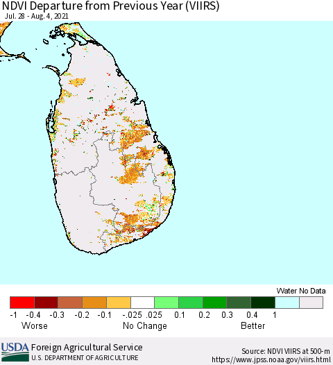 Sri Lanka NDVI Departure from Previous Year (VIIRS) Thematic Map For 8/1/2021 - 8/10/2021