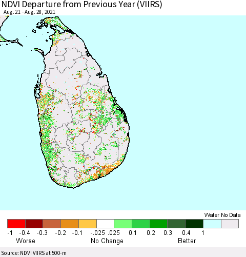 Sri Lanka NDVI Departure from Previous Year (VIIRS) Thematic Map For 8/21/2021 - 8/28/2021