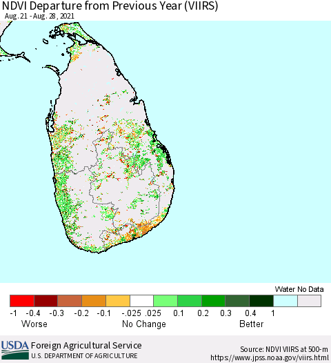 Sri Lanka NDVI Departure from Previous Year (VIIRS) Thematic Map For 8/21/2021 - 8/31/2021