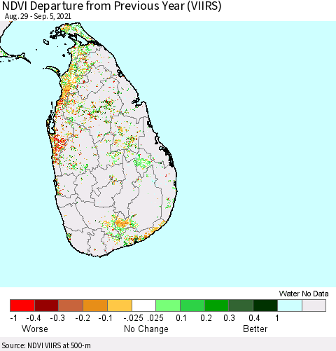 Sri Lanka NDVI Departure from Previous Year (VIIRS) Thematic Map For 8/29/2021 - 9/5/2021