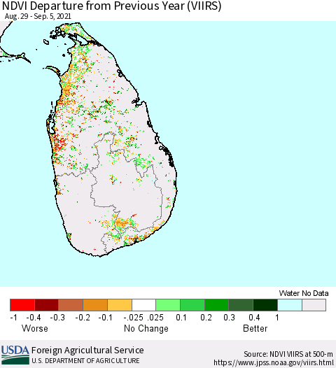Sri Lanka NDVI Departure from Previous Year (VIIRS) Thematic Map For 9/1/2021 - 9/10/2021