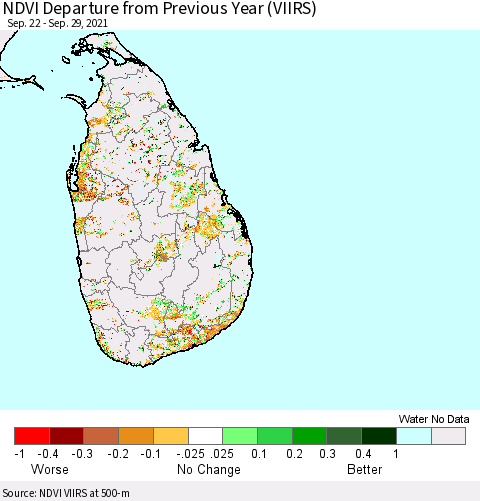 Sri Lanka NDVI Departure from Previous Year (VIIRS) Thematic Map For 9/22/2021 - 9/29/2021