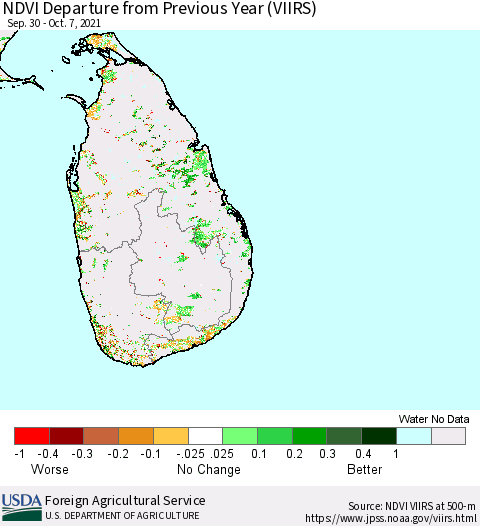 Sri Lanka NDVI Departure from Previous Year (VIIRS) Thematic Map For 10/1/2021 - 10/10/2021