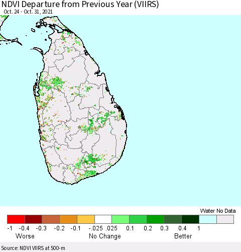 Sri Lanka NDVI Departure from Previous Year (VIIRS) Thematic Map For 10/21/2021 - 10/31/2021