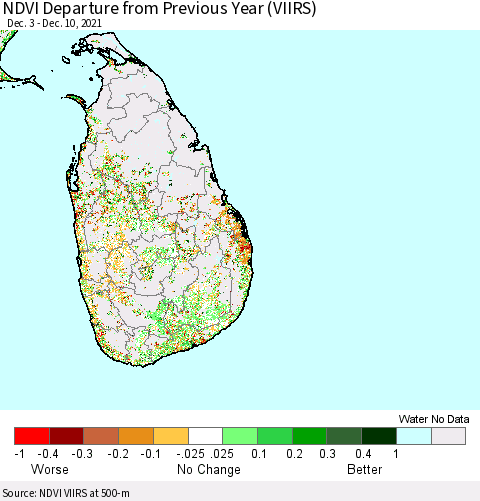 Sri Lanka NDVI Departure from Previous Year (VIIRS) Thematic Map For 12/3/2021 - 12/10/2021