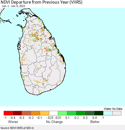 Sri Lanka NDVI Departure from Previous Year (VIIRS) Thematic Map For 1/1/2022 - 1/8/2022