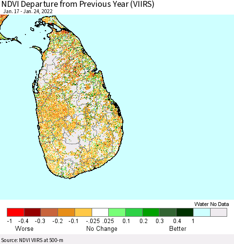 Sri Lanka NDVI Departure from Previous Year (VIIRS) Thematic Map For 1/17/2022 - 1/24/2022