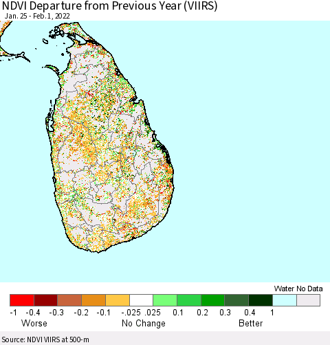 Sri Lanka NDVI Departure from Previous Year (VIIRS) Thematic Map For 1/25/2022 - 2/1/2022