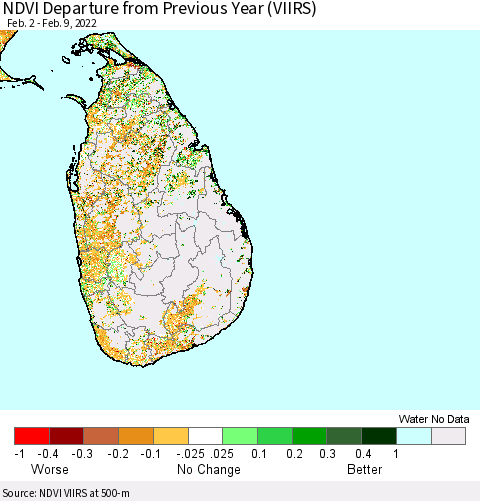 Sri Lanka NDVI Departure from Previous Year (VIIRS) Thematic Map For 2/2/2022 - 2/9/2022