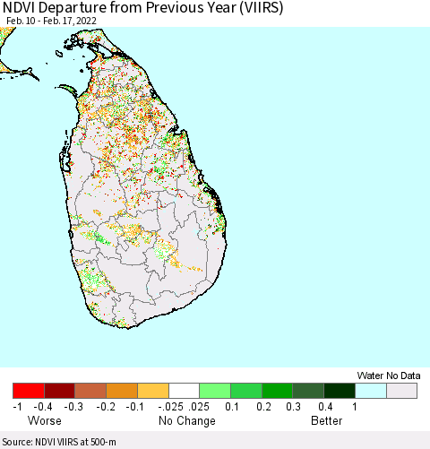 Sri Lanka NDVI Departure from Previous Year (VIIRS) Thematic Map For 2/10/2022 - 2/17/2022