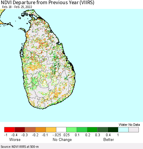 Sri Lanka NDVI Departure from Previous Year (VIIRS) Thematic Map For 2/18/2022 - 2/25/2022