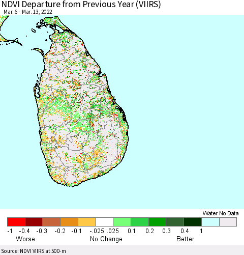 Sri Lanka NDVI Departure from Previous Year (VIIRS) Thematic Map For 3/6/2022 - 3/13/2022