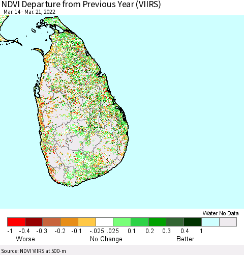 Sri Lanka NDVI Departure from Previous Year (VIIRS) Thematic Map For 3/14/2022 - 3/21/2022