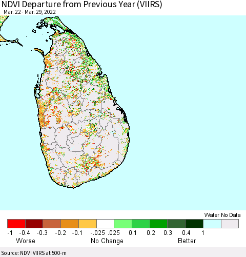 Sri Lanka NDVI Departure from Previous Year (VIIRS) Thematic Map For 3/22/2022 - 3/29/2022
