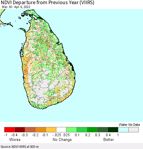 Sri Lanka NDVI Departure from Previous Year (VIIRS) Thematic Map For 3/30/2022 - 4/6/2022