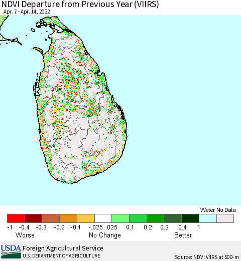 Sri Lanka NDVI Departure from Previous Year (VIIRS) Thematic Map For 4/7/2022 - 4/14/2022