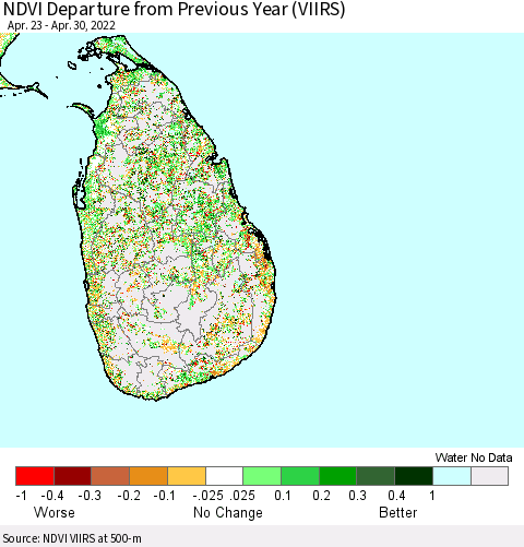 Sri Lanka NDVI Departure from Previous Year (VIIRS) Thematic Map For 4/23/2022 - 4/30/2022