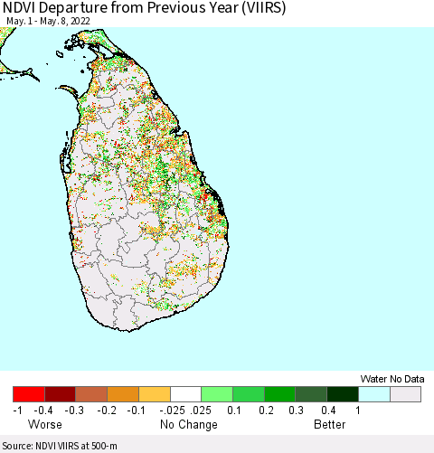 Sri Lanka NDVI Departure from Previous Year (VIIRS) Thematic Map For 5/1/2022 - 5/8/2022