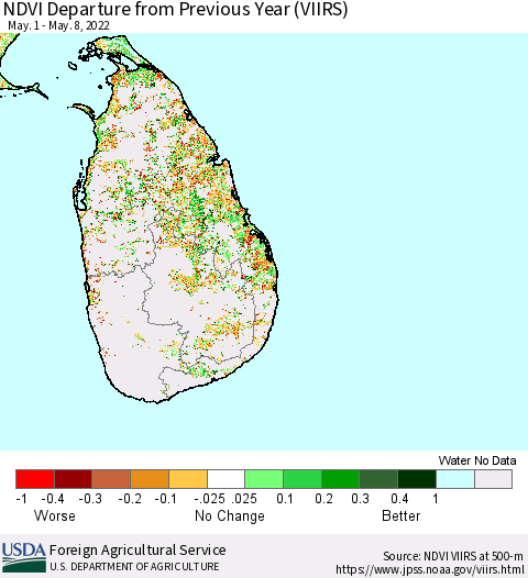Sri Lanka NDVI Departure from Previous Year (VIIRS) Thematic Map For 5/1/2022 - 5/10/2022