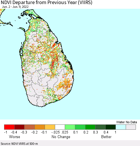 Sri Lanka NDVI Departure from Previous Year (VIIRS) Thematic Map For 6/2/2022 - 6/9/2022