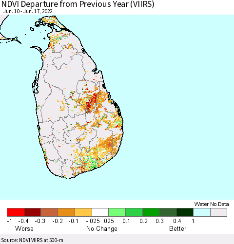 Sri Lanka NDVI Departure from Previous Year (VIIRS) Thematic Map For 6/10/2022 - 6/17/2022