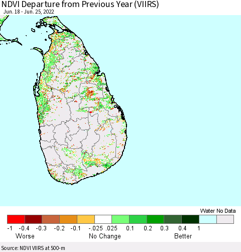 Sri Lanka NDVI Departure from Previous Year (VIIRS) Thematic Map For 6/18/2022 - 6/25/2022
