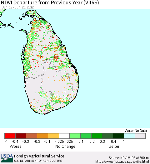Sri Lanka NDVI Departure from Previous Year (VIIRS) Thematic Map For 6/21/2022 - 6/30/2022