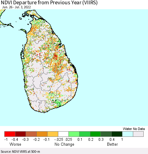 Sri Lanka NDVI Departure from Previous Year (VIIRS) Thematic Map For 6/26/2022 - 7/3/2022