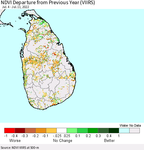Sri Lanka NDVI Departure from Previous Year (VIIRS) Thematic Map For 7/4/2022 - 7/11/2022