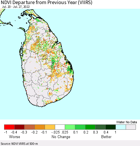 Sri Lanka NDVI Departure from Previous Year (VIIRS) Thematic Map For 7/20/2022 - 7/27/2022