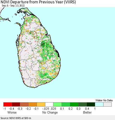 Sri Lanka NDVI Departure from Previous Year (VIIRS) Thematic Map For 9/6/2022 - 9/13/2022
