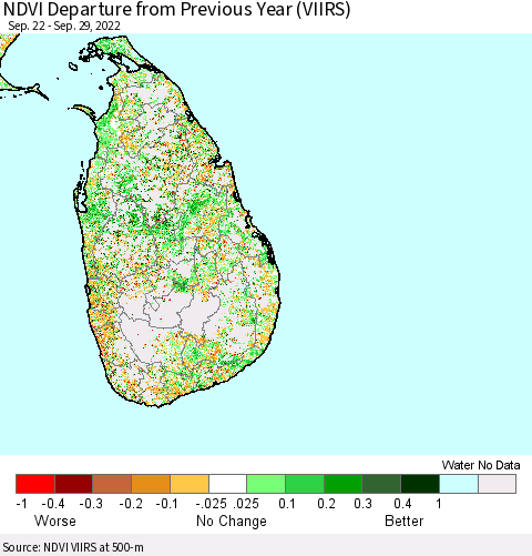 Sri Lanka NDVI Departure from Previous Year (VIIRS) Thematic Map For 9/22/2022 - 9/29/2022