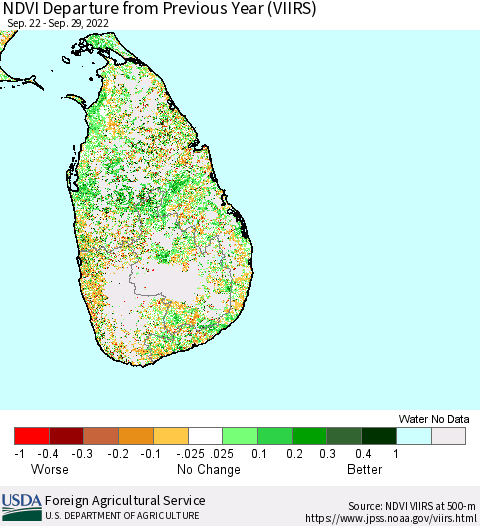 Sri Lanka NDVI Departure from Previous Year (VIIRS) Thematic Map For 9/21/2022 - 9/30/2022