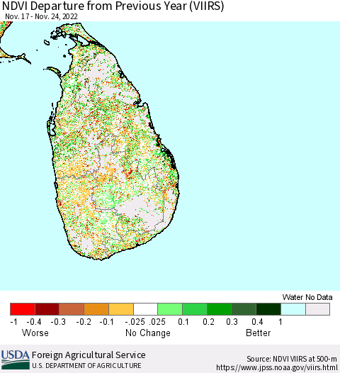 Sri Lanka NDVI Departure from Previous Year (VIIRS) Thematic Map For 11/21/2022 - 11/30/2022