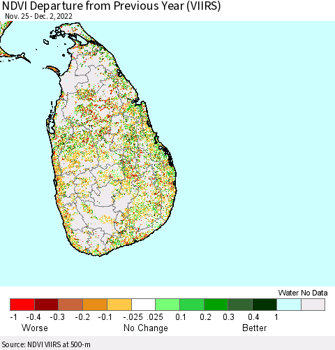 Sri Lanka NDVI Departure from Previous Year (VIIRS) Thematic Map For 11/25/2022 - 12/2/2022