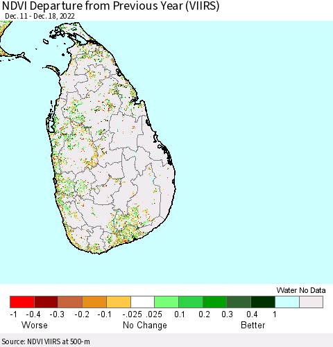 Sri Lanka NDVI Departure from Previous Year (VIIRS) Thematic Map For 12/11/2022 - 12/18/2022