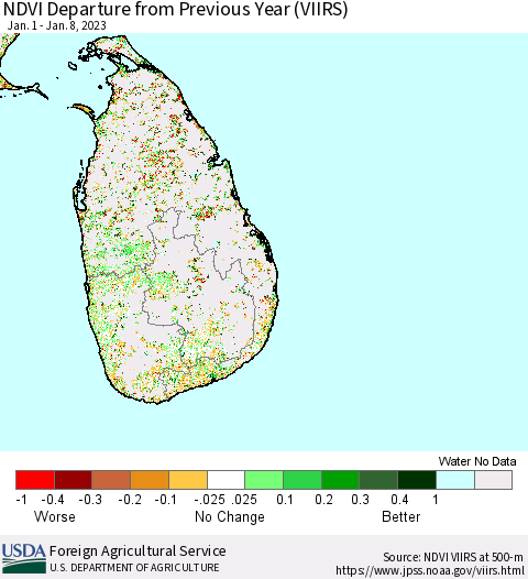 Sri Lanka NDVI Departure from Previous Year (VIIRS) Thematic Map For 1/1/2023 - 1/10/2023