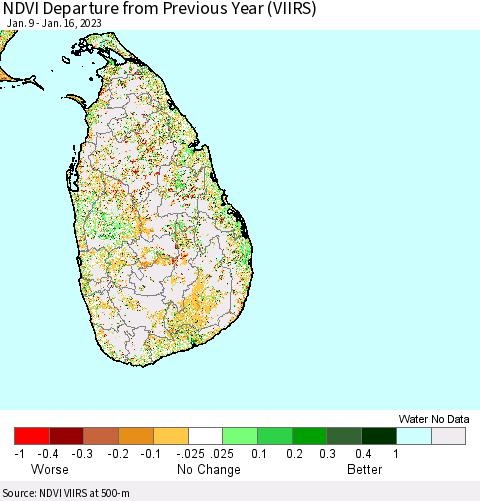 Sri Lanka NDVI Departure from Previous Year (VIIRS) Thematic Map For 1/9/2023 - 1/16/2023