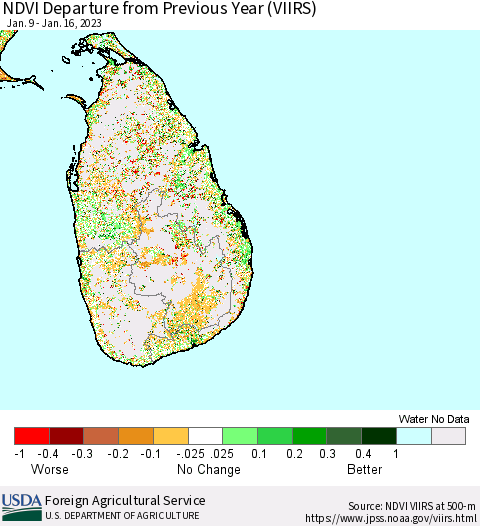 Sri Lanka NDVI Departure from Previous Year (VIIRS) Thematic Map For 1/11/2023 - 1/20/2023