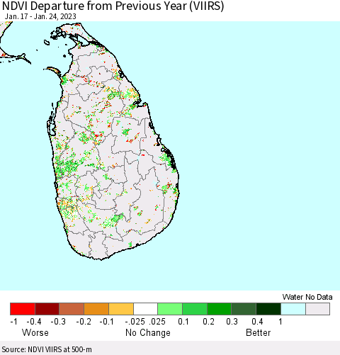 Sri Lanka NDVI Departure from Previous Year (VIIRS) Thematic Map For 1/17/2023 - 1/24/2023
