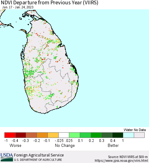 Sri Lanka NDVI Departure from Previous Year (VIIRS) Thematic Map For 1/21/2023 - 1/31/2023